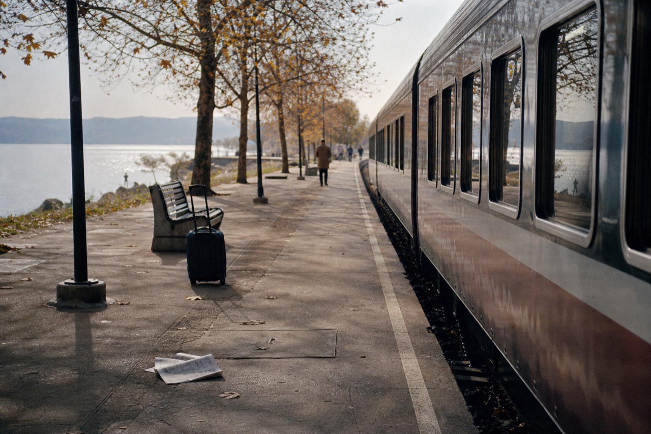 Regional train at a Lake Garda station platform with the lake visible beyond the tracks, no text, no logos, no people