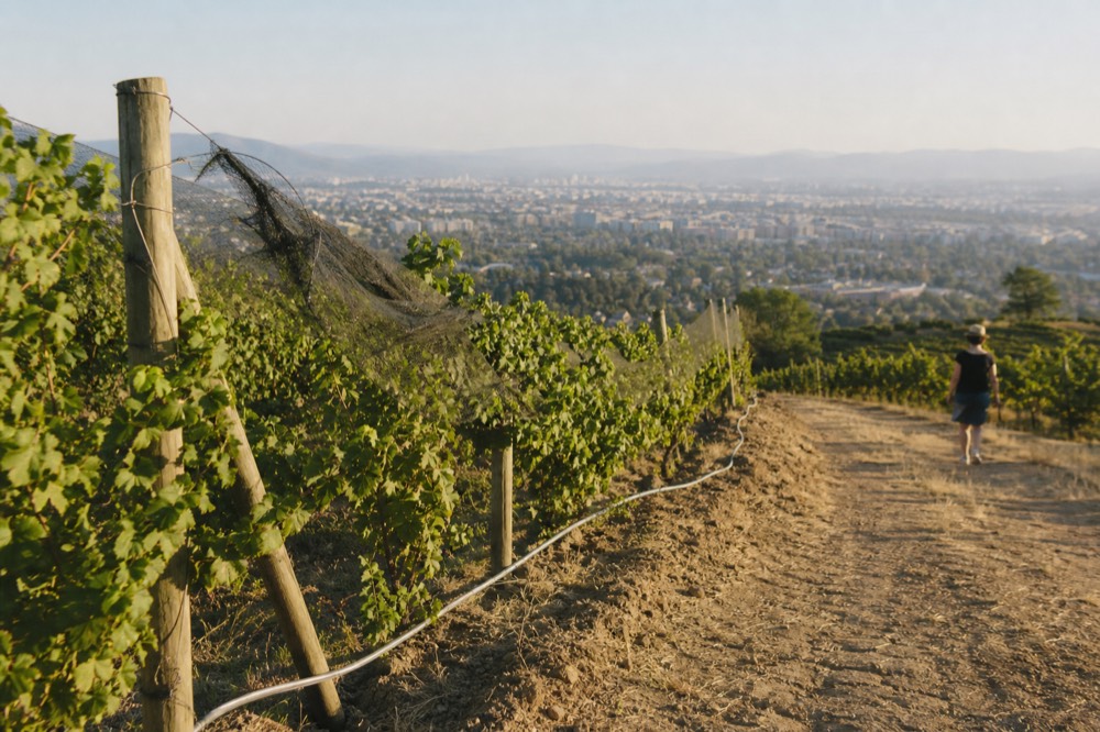 Vineyard rows on terraced hills outside Verona at late afternoon, no text, no logos, no people