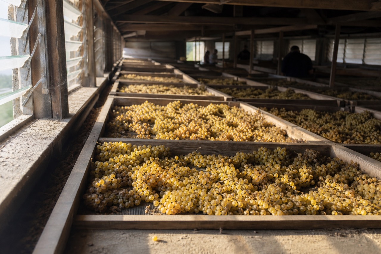 Grapes drying on racks in a ventilated Amarone loft, no text, no logos, no people
