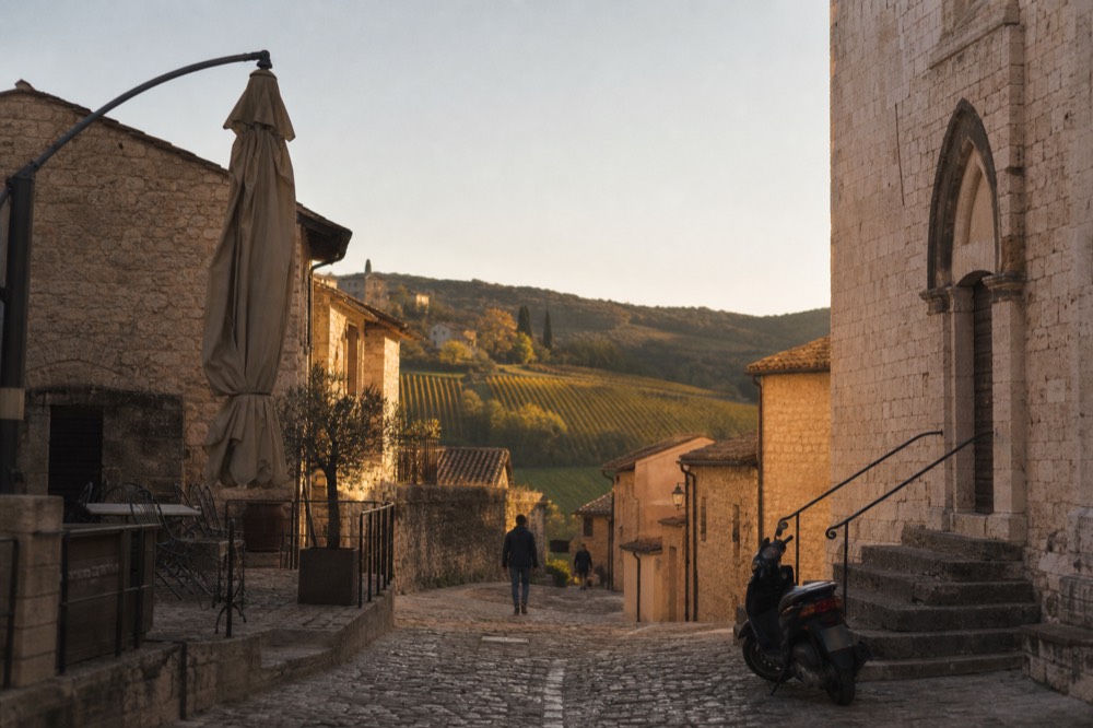 Stone village among Valpolicella vineyards at golden hour, no text, no logos, no people
