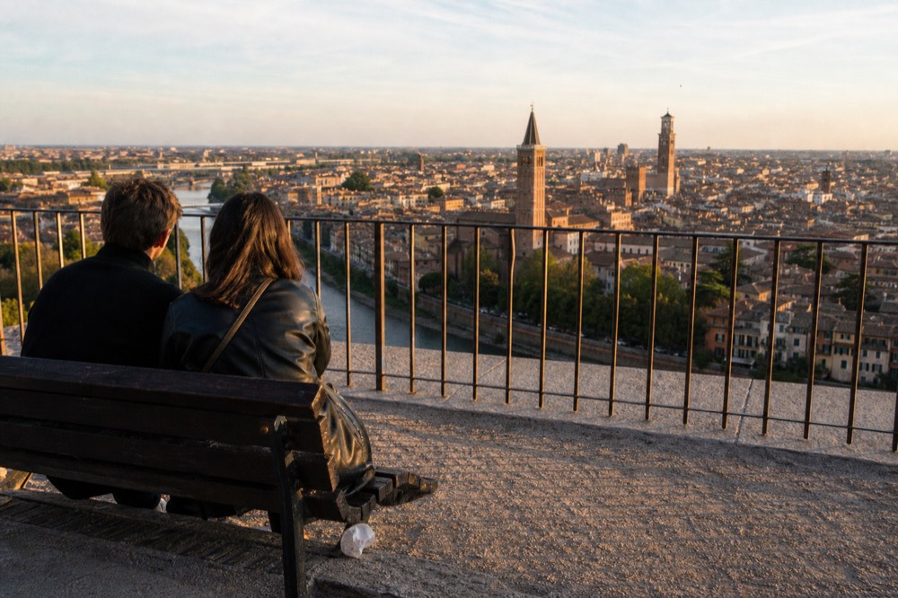 The Verona skyline from the Castel San Pietro terrace, no text, no logos, no people