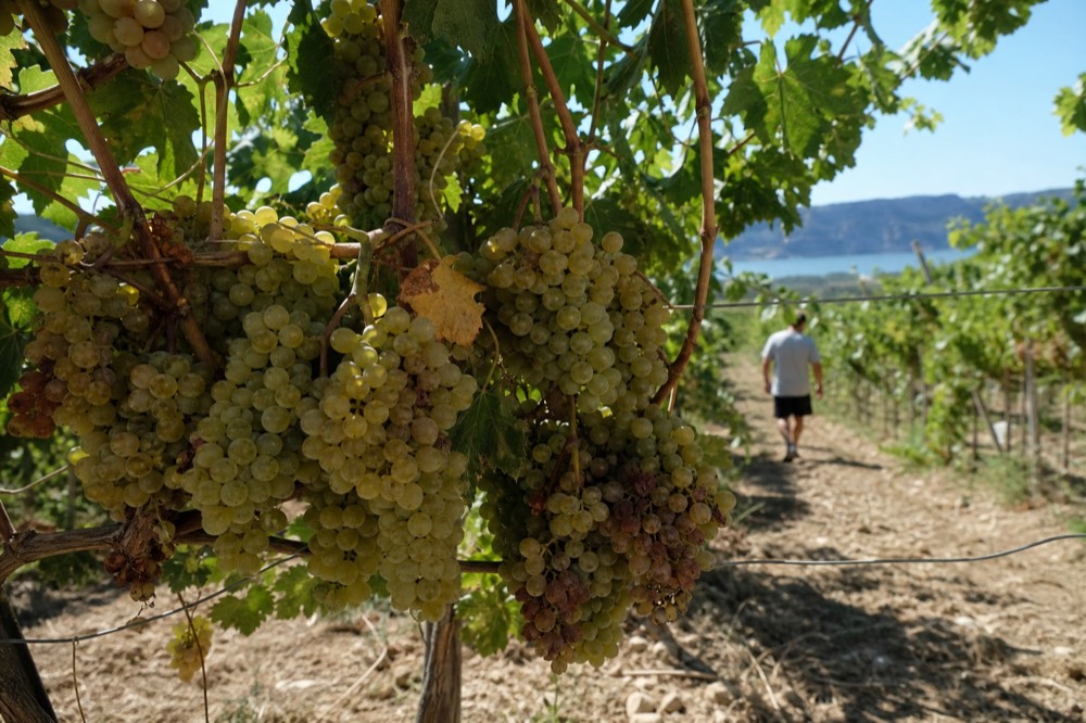 Turbiana grape clusters on the vine near the southern shore of Lake Garda, no text, no logos, no people