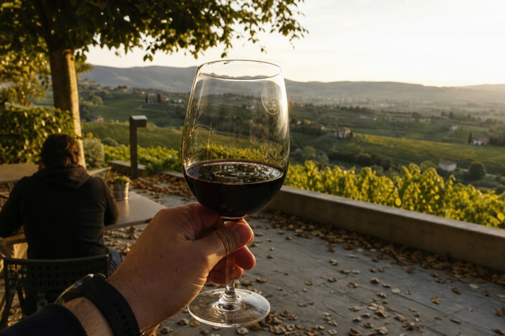 Glass of Ripasso wine with vineyard background, no text, no logos, no people