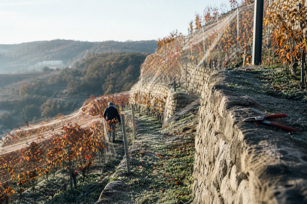 Autumn vineyard rows with red-gold leaves on a terraced hillside in Valpolicella, no text, no logos, no people