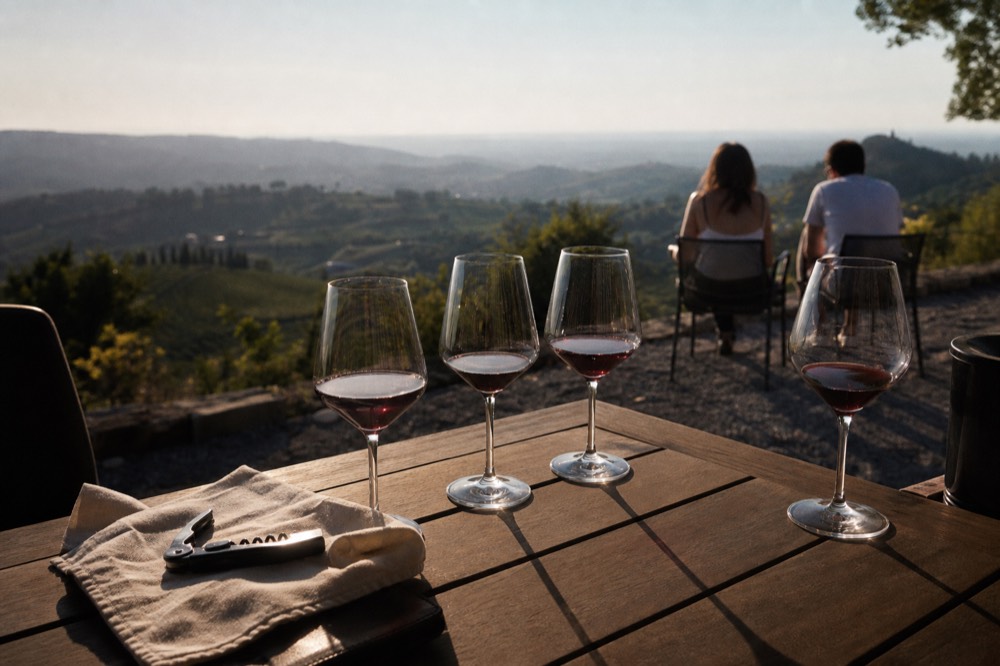A tasting flight of four red wines on a hillside terrace overlooking the Valpolicella valley, no text, no logos, no people